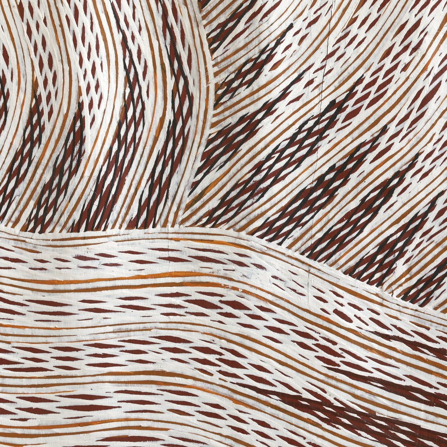 Aboriginal Artwork by Yinimala Gumana, Baraltja ga Garrapara, 152x54cm Bark