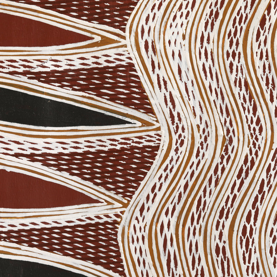Aboriginal Artwork by Yinimala Gumana, Baraltja ga Garrapara, 152x54cm Bark