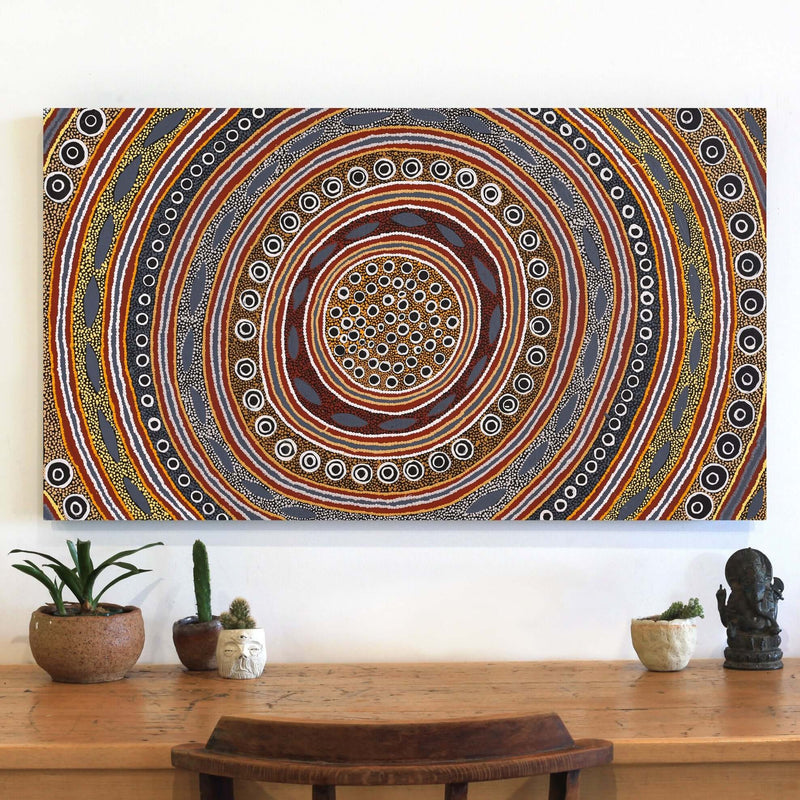 Aboriginal Artwork by Agnes Nampijinpa Fry, Pamapardu Jukurrpa (Flying Ant Dreaming) - Warntu, 107x61cm