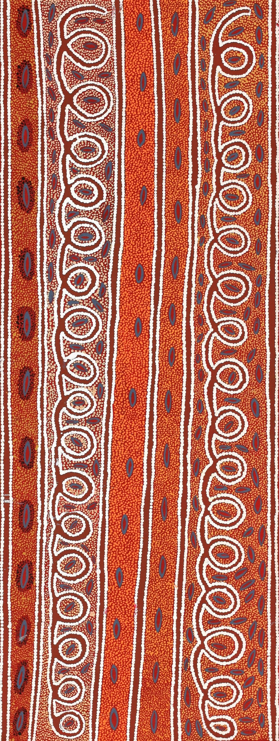 Aboriginal Artwork by Agnes Nampijinpa Fry, Pamapardu Jukurrpa (Flying Ant Dreaming) - Warntu, 122x46cm