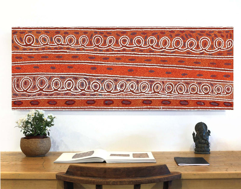 Aboriginal Artwork by Agnes Nampijinpa Fry, Pamapardu Jukurrpa (Flying Ant Dreaming) - Warntu, 122x46cm