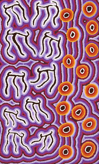 Aboriginal Artwork by Amanda Nakamarra Curtis, Majardi Jukurrpa - Mina Mina, 76x46cm