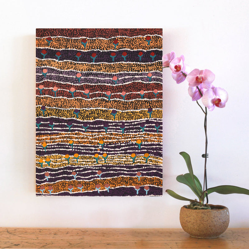 Aboriginal Artwork by Charlene Napanangka Marshall, Wanakiji Jukurrpa (Bush Tomato Dreaming), 61x46cm