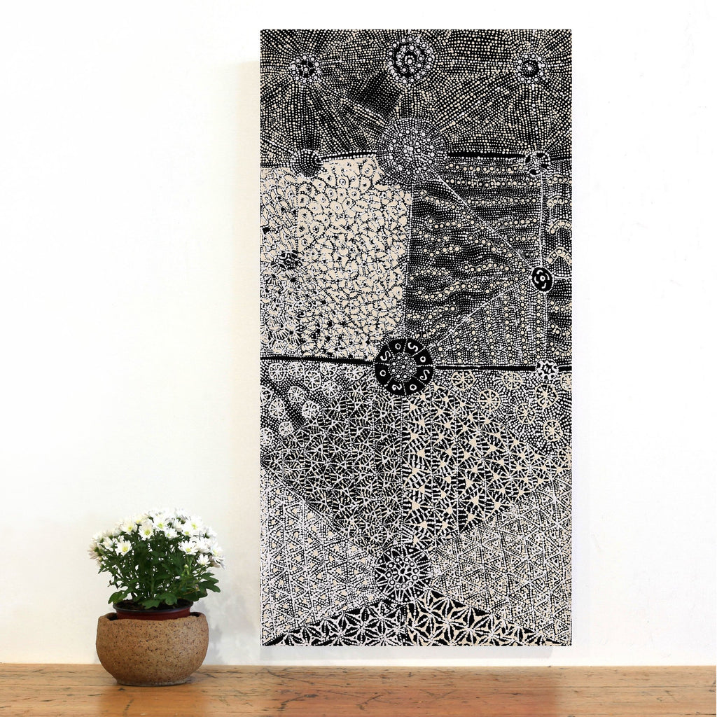Aboriginal Artwork by Hilda Nakamarra Rogers, Lukarrara Jukurrpa, 91x46cm