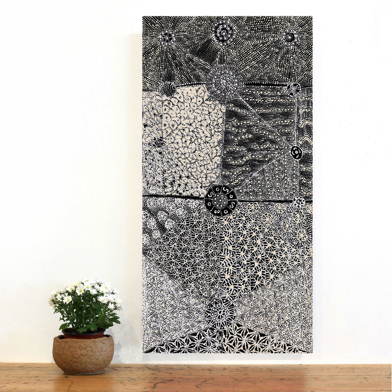 Aboriginal Artwork by Hilda Nakamarra Rogers, Lukarrara Jukurrpa, 91x46cm