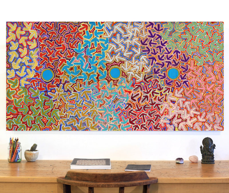 Aboriginal Artwork by Jeffrey Jangala Gallagher, Yankirri Jukurrpa (Emu Dreaming) - Ngarlikurlangu, 152x76cm