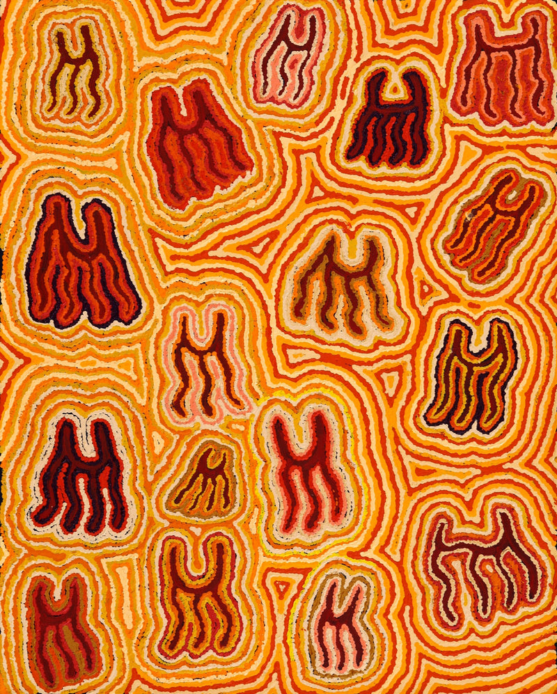 Aboriginal Artwork by Kelly Napanangka Michaels, Majardi Jukurrpa (Hair-string Belt Dreaming), 76x61cm