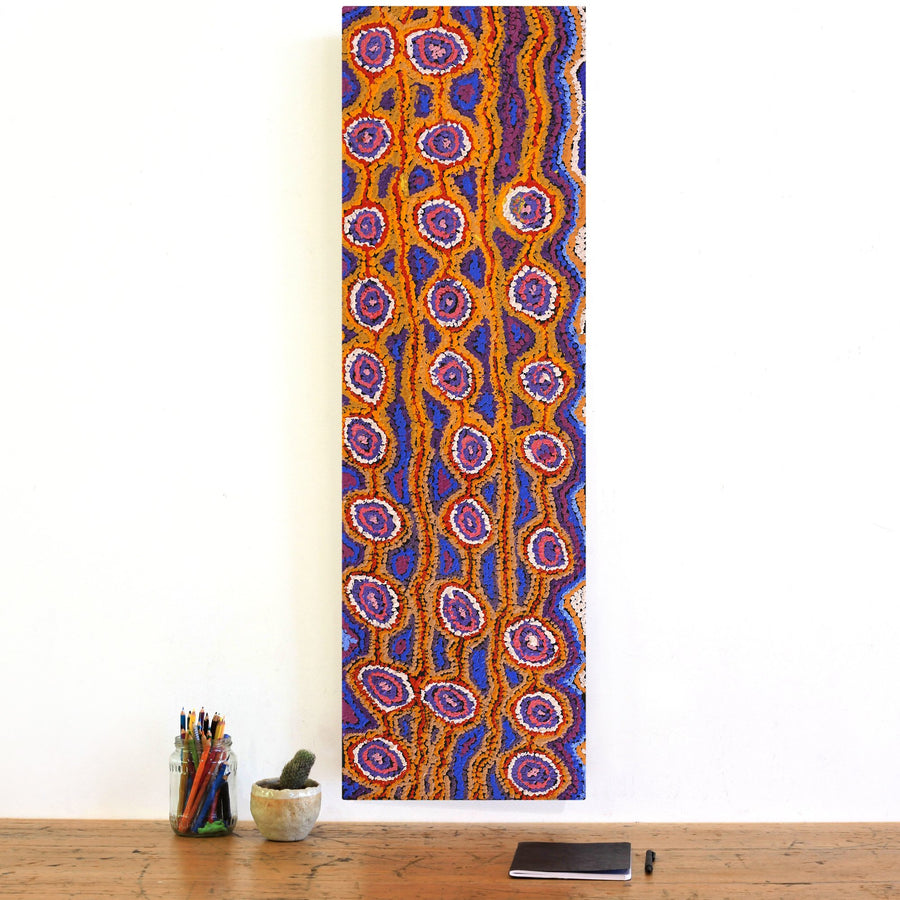Aboriginal Artwork by Magda Nakamarra Curtis, Lappi Lappi Jukurrpa, 107x30cm