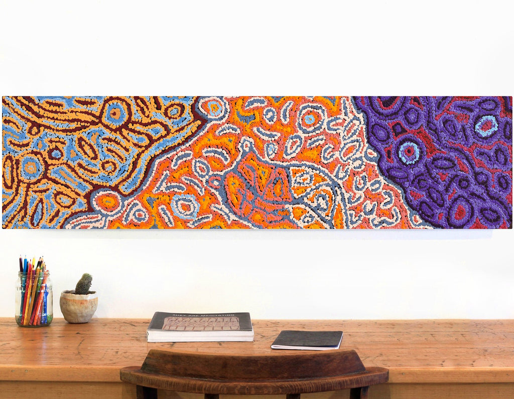Aboriginal Artwork by Magda Nakamarra Curtis, Lappi Lappi Jukurrpa, 122x30cm