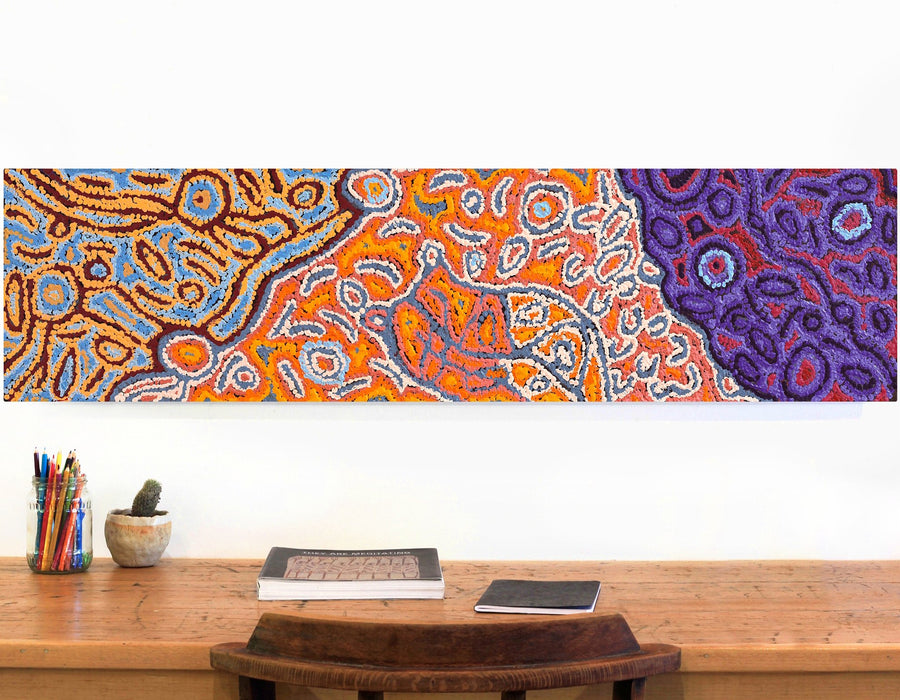 Aboriginal Artwork by Magda Nakamarra Curtis, Lappi Lappi Jukurrpa, 122x30cm