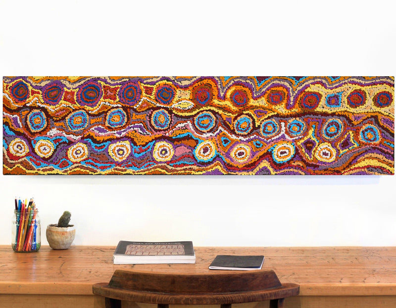 Aboriginal Artwork by Magda Nakamarra Curtis, Lappi Lappi Jukurrpa, 122x30cm