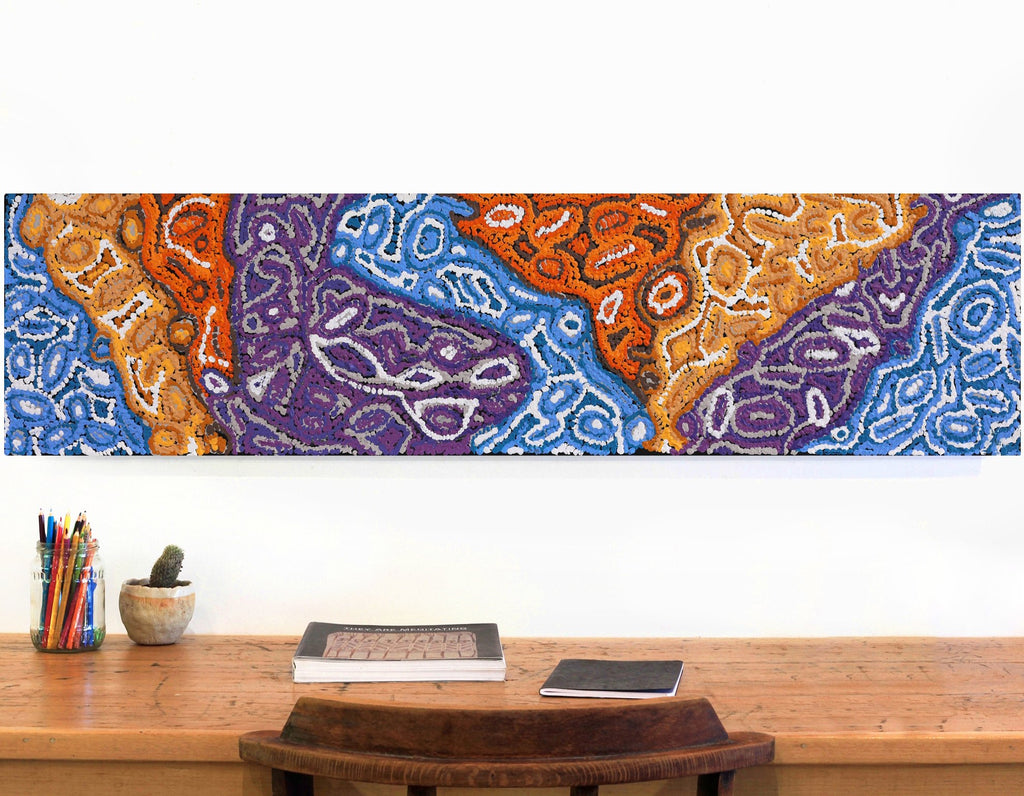 Aboriginal Artwork by Magda Nakamarra Curtis, Lappi Lappi Jukurrpa, 122x30cm