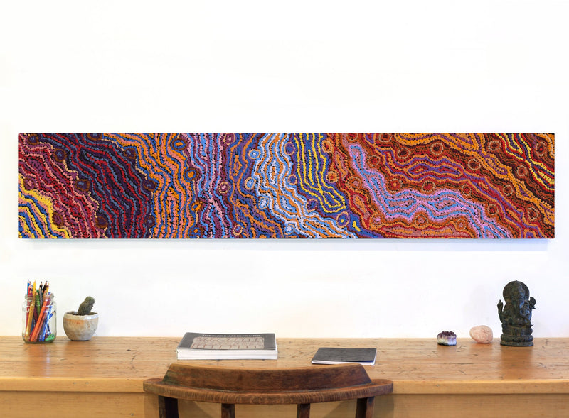 Aboriginal Artwork by Magda Nakamarra Curtis, Lappi Lappi Jukurrpa, 152x30cm