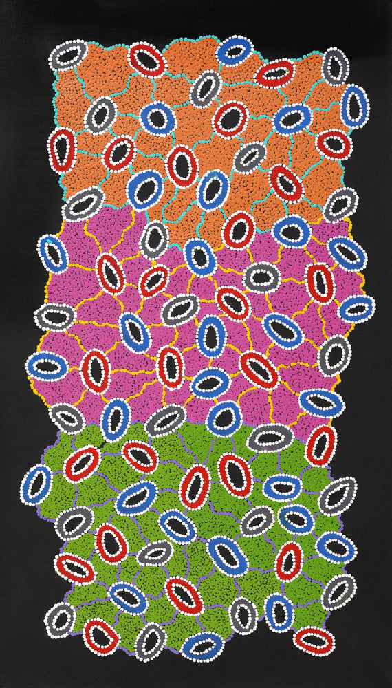 Aboriginal Artwork by Priscilla Nangala Robertson, Ngapa Jukurrpa (Water Dreaming) - Puyurru, 107x61cm