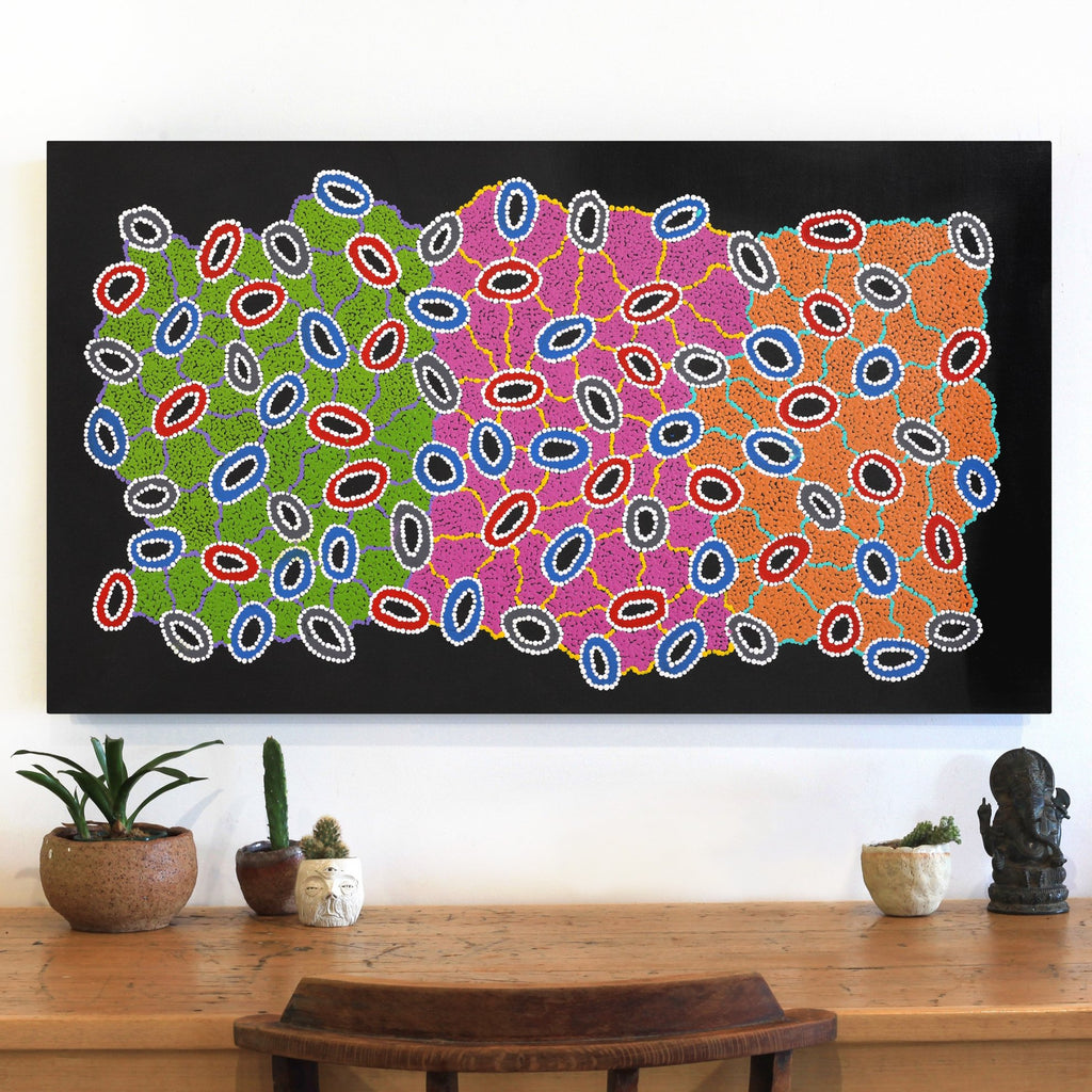 Aboriginal Artwork by Priscilla Nangala Robertson, Ngapa Jukurrpa (Water Dreaming) - Puyurru, 107x61cm