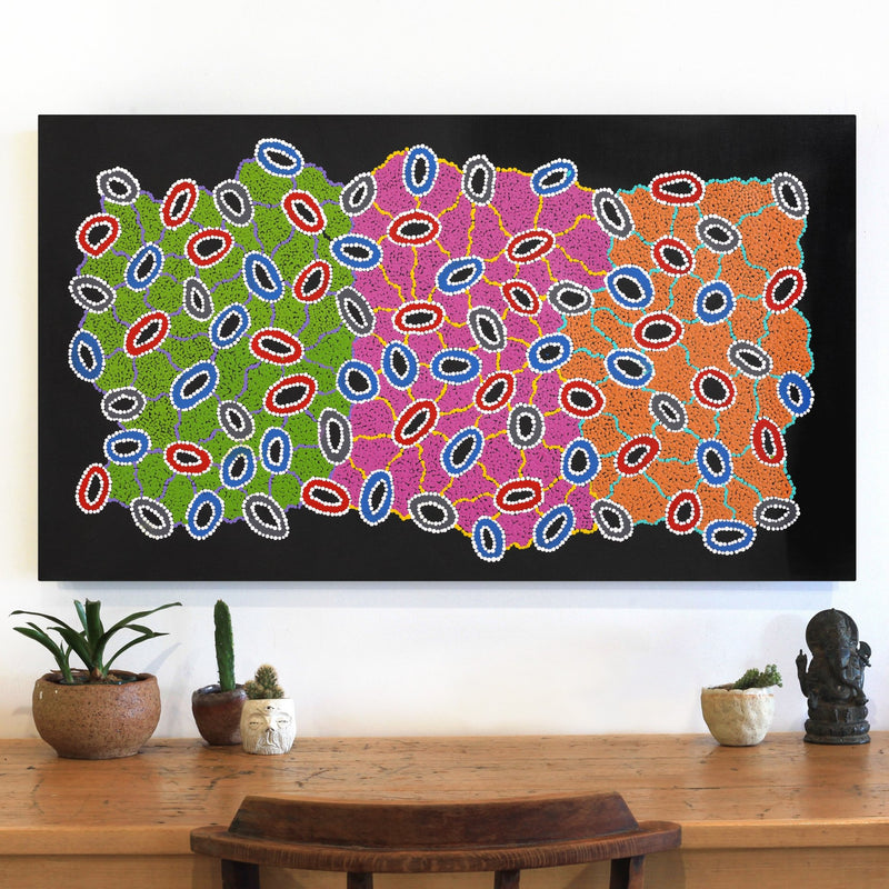 Aboriginal Artwork by Priscilla Nangala Robertson, Ngapa Jukurrpa (Water Dreaming) - Puyurru, 107x61cm