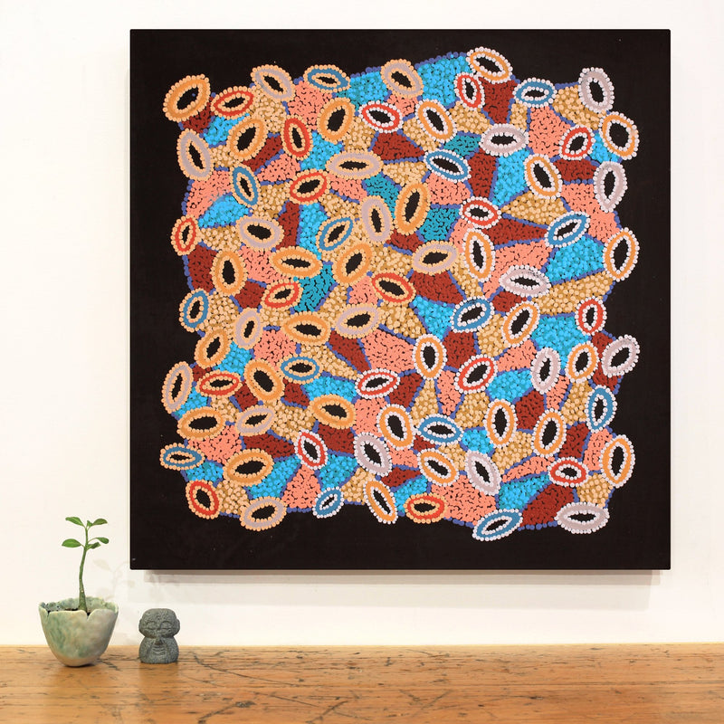 Aboriginal Artwork by Priscilla Nangala Robertson, Ngapa Jukurrpa (Water Dreaming) - Puyurru, 61x61cm