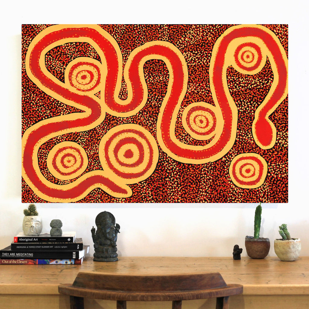 Aboriginal Art by Sharoline Nampijinpa Frank,  Warna Jukurrpa (Snake Dreaming), 91x61cm - ART ARK®