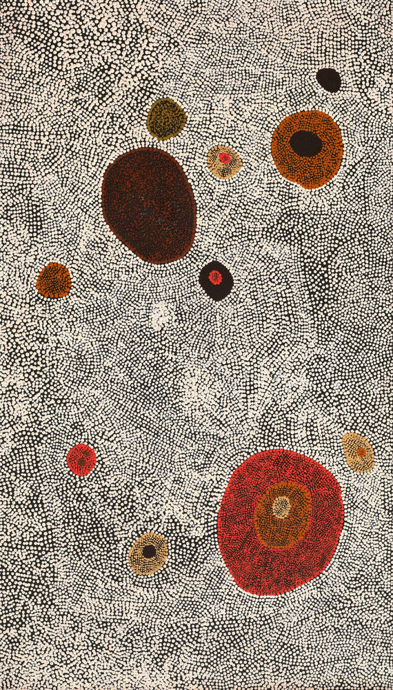 Aboriginal Artwork by Sheree Napurrurla Wayne, Lukarrara Jukurrpa (Desert Fringe-rush Seed Dreaming), 107x61cm