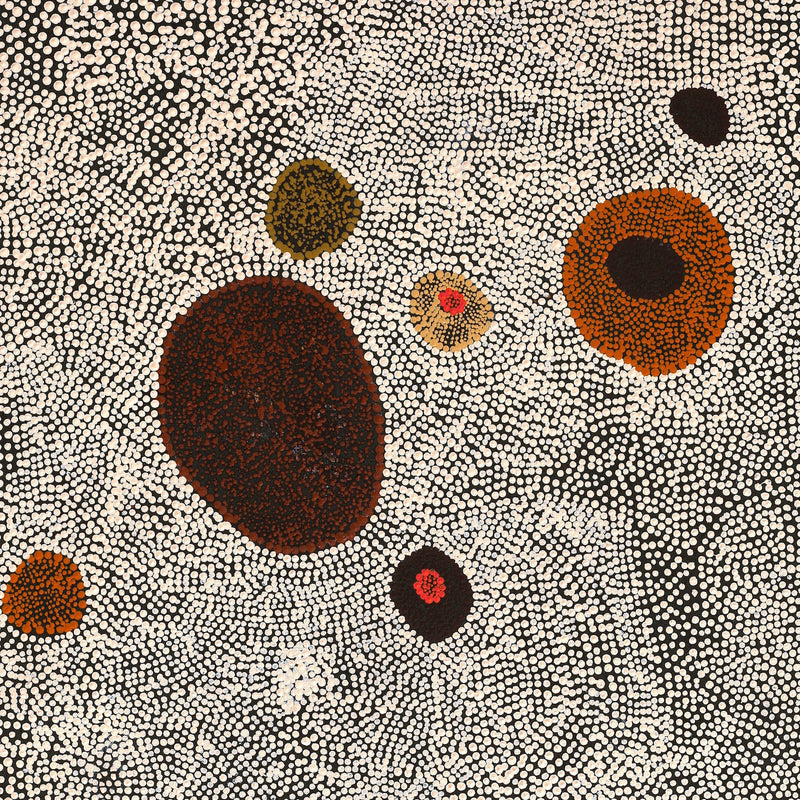 Aboriginal Artwork by Sheree Napurrurla Wayne, Lukarrara Jukurrpa (Desert Fringe-rush Seed Dreaming), 107x61cm