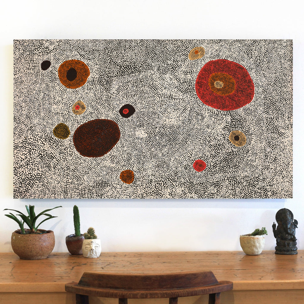 Aboriginal Artwork by Sheree Napurrurla Wayne, Lukarrara Jukurrpa (Desert Fringe-rush Seed Dreaming), 107x61cm
