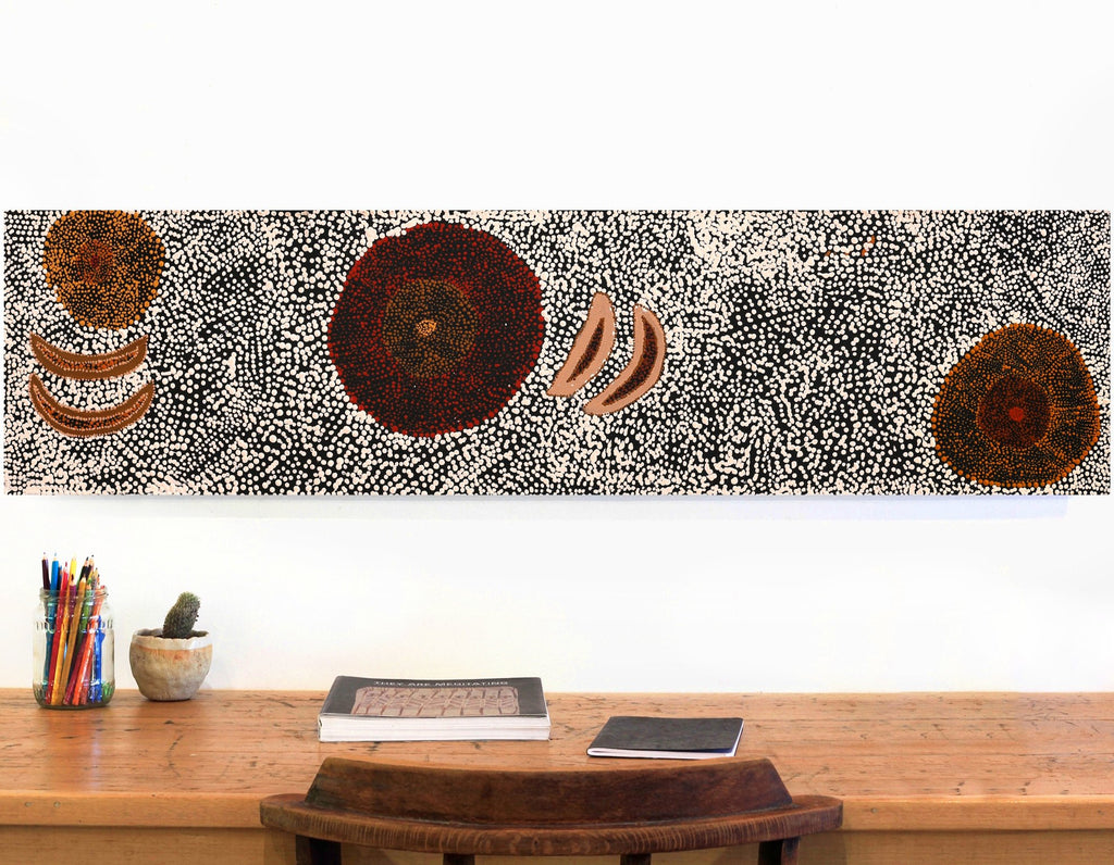 Aboriginal Artwork by Sheree Napurrurla Wayne, Lukarrara Jukurrpa (Desert Fringe-rush Seed Dreaming), 122x30cm