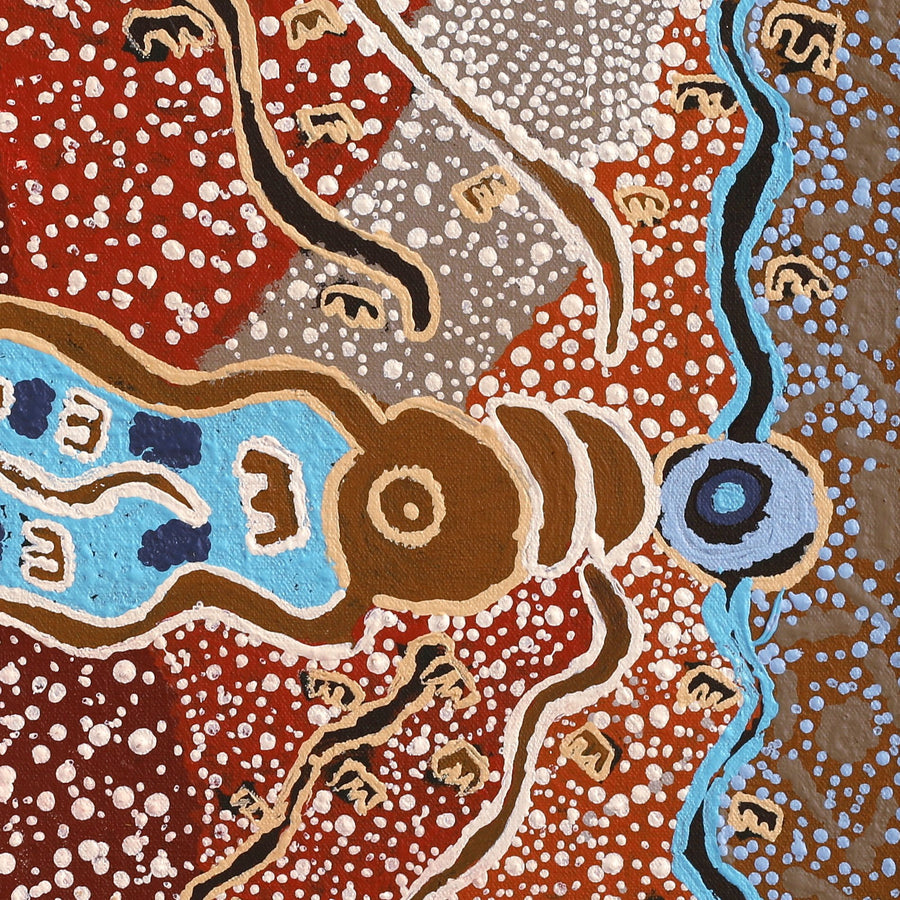 Aboriginal Artwork by Sheree Napurrurla Wayne, Lukarrara Jukurrpa (Desert Fringe-rush Seed Dreaming), 46x46cm