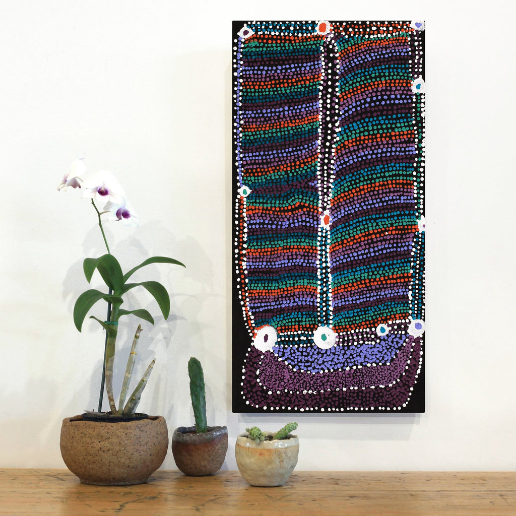 Aboriginal Artwork by Sheree Napurrurla Wayne, Lukarrara Jukurrpa (Desert Fringe-rush Seed Dreaming), 61x30cm