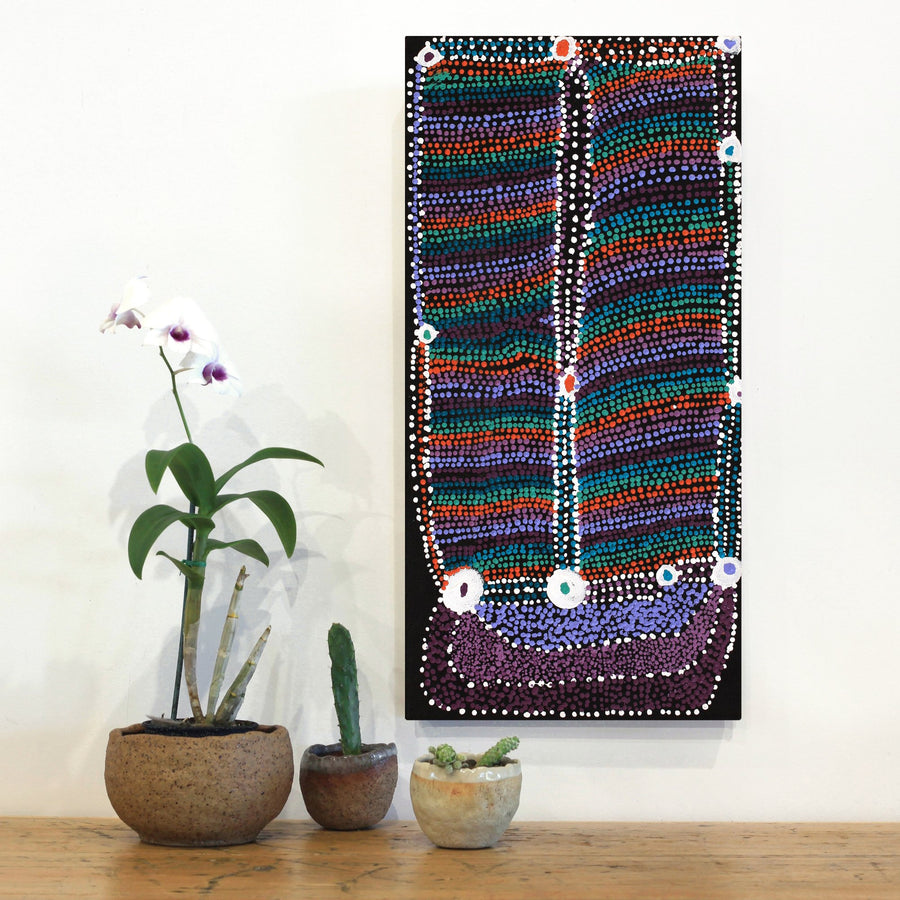 Aboriginal Artwork by Sheree Napurrurla Wayne, Lukarrara Jukurrpa (Desert Fringe-rush Seed Dreaming), 61x30cm