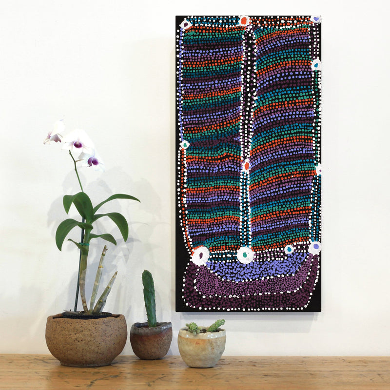 Aboriginal Artwork by Sheree Napurrurla Wayne, Lukarrara Jukurrpa (Desert Fringe-rush Seed Dreaming), 61x30cm