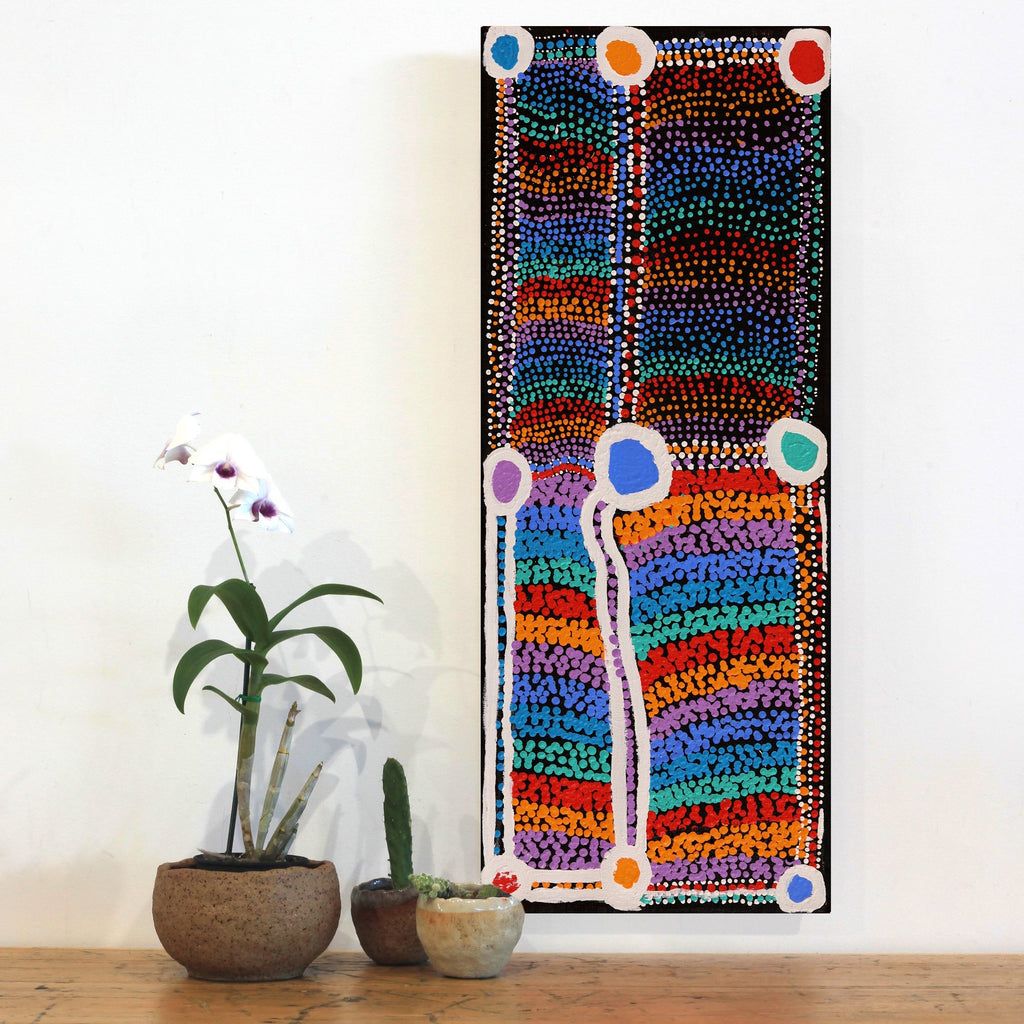 Aboriginal Artwork by Sheree Napurrurla Wayne, Lukarrara Jukurrpa (Desert Fringe-rush Seed Dreaming), 76x30cm