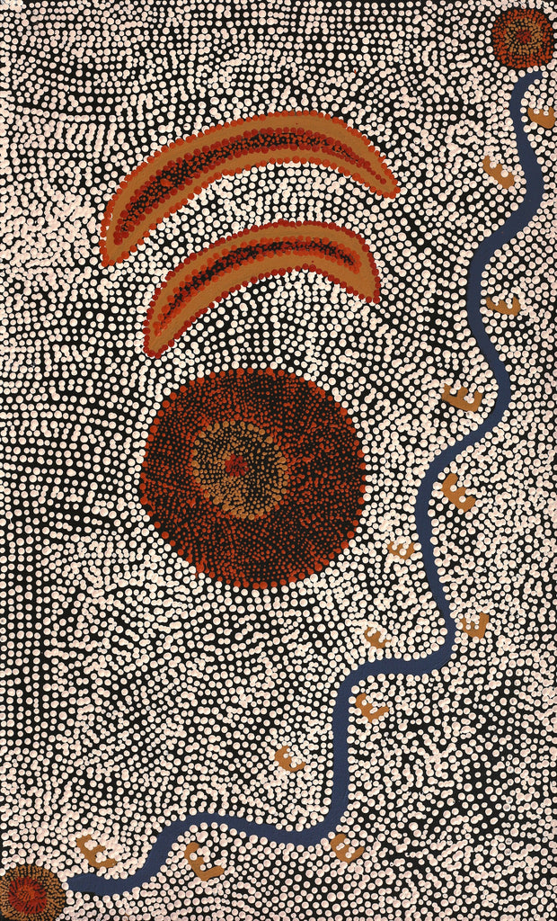Aboriginal Artwork by Sheree Napurrurla Wayne, Lukarrara Jukurrpa (Desert Fringe-rush Seed Dreaming), 76x46cm