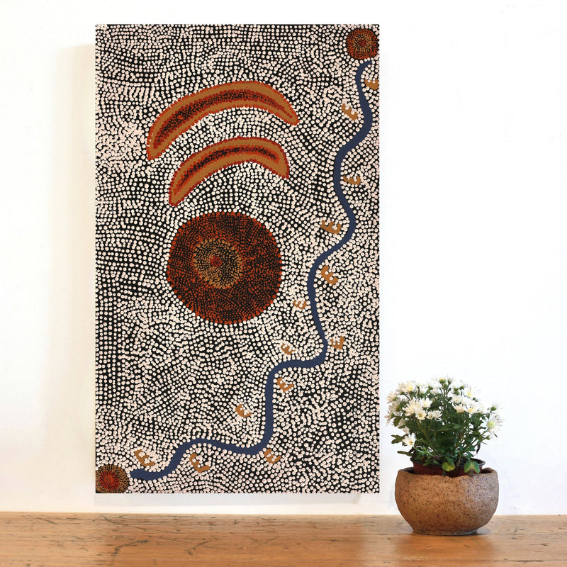 Aboriginal Artwork by Sheree Napurrurla Wayne, Lukarrara Jukurrpa (Desert Fringe-rush Seed Dreaming), 76x46cm