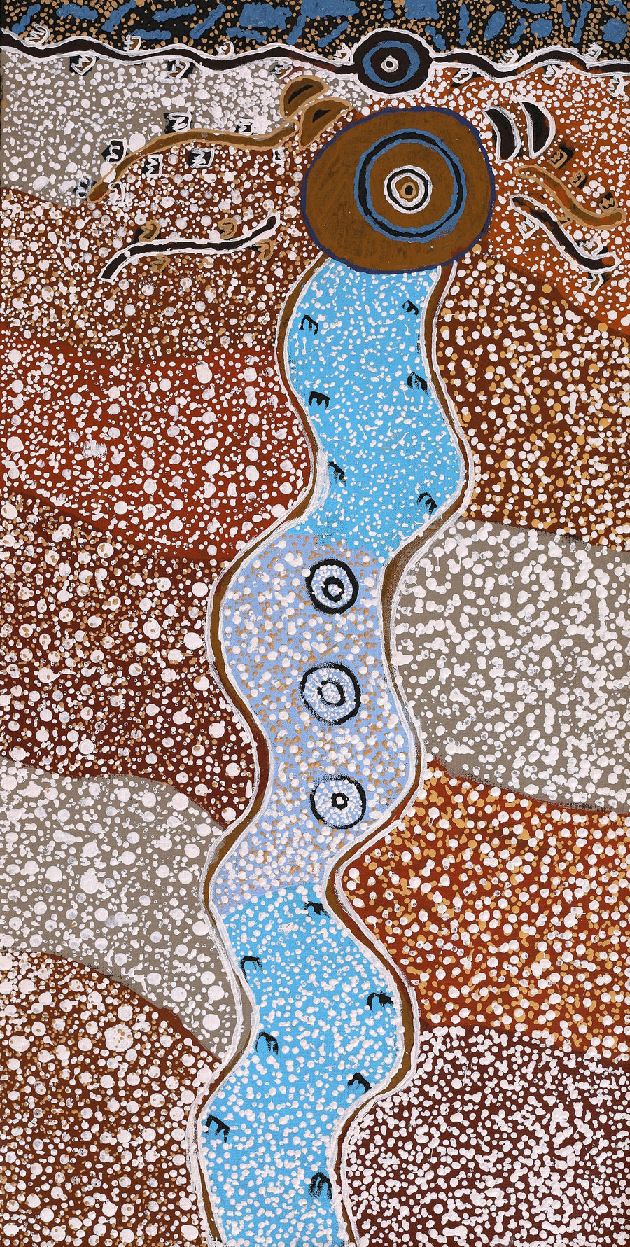 Aboriginal Artwork by Sheree Napurrurla Wayne, Lukarrara Jukurrpa (Desert Fringe-rush Seed Dreaming), 91x46cm