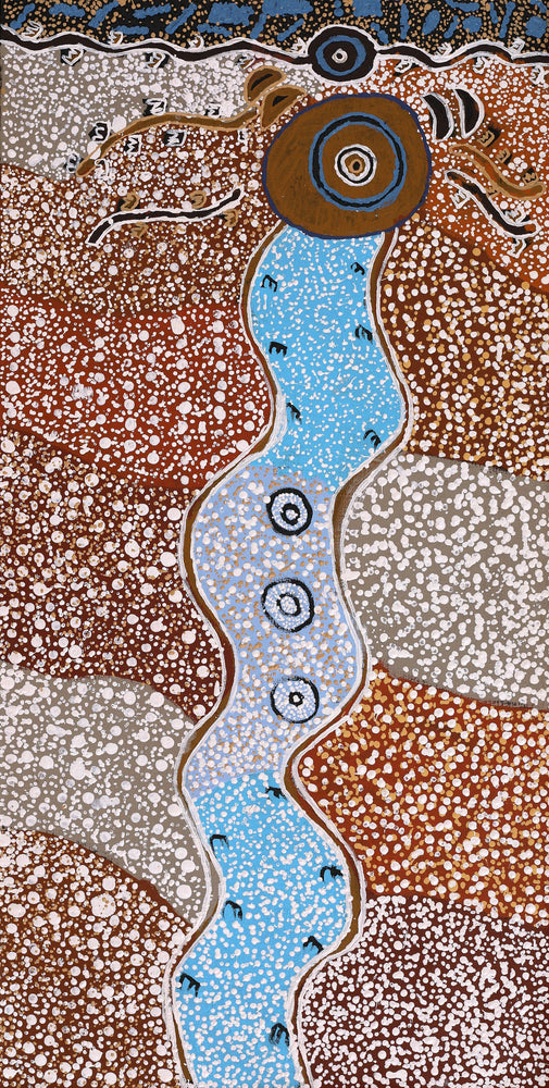 Aboriginal Artwork by Sheree Napurrurla Wayne, Lukarrara Jukurrpa (Desert Fringe-rush Seed Dreaming), 91x46cm