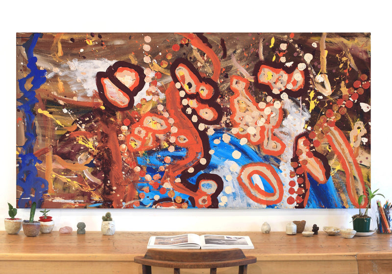 Aboriginal Artwork by Steven Jupurrurla Nelson, Janganpa Jukurrpa (Brush-tail Possum Dreaming) - Mawurrji, 183x91cm