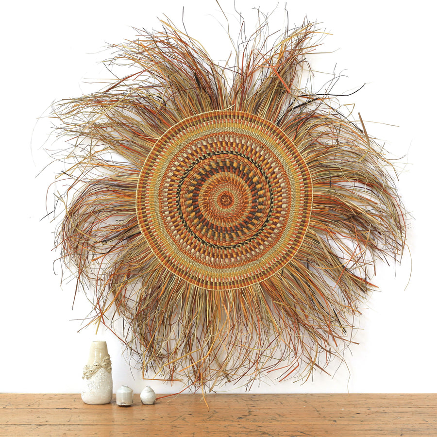 Aboriginal Artwork by Helen Djaypila Guyula, Gapuwiyak - Woven Mat 59cm