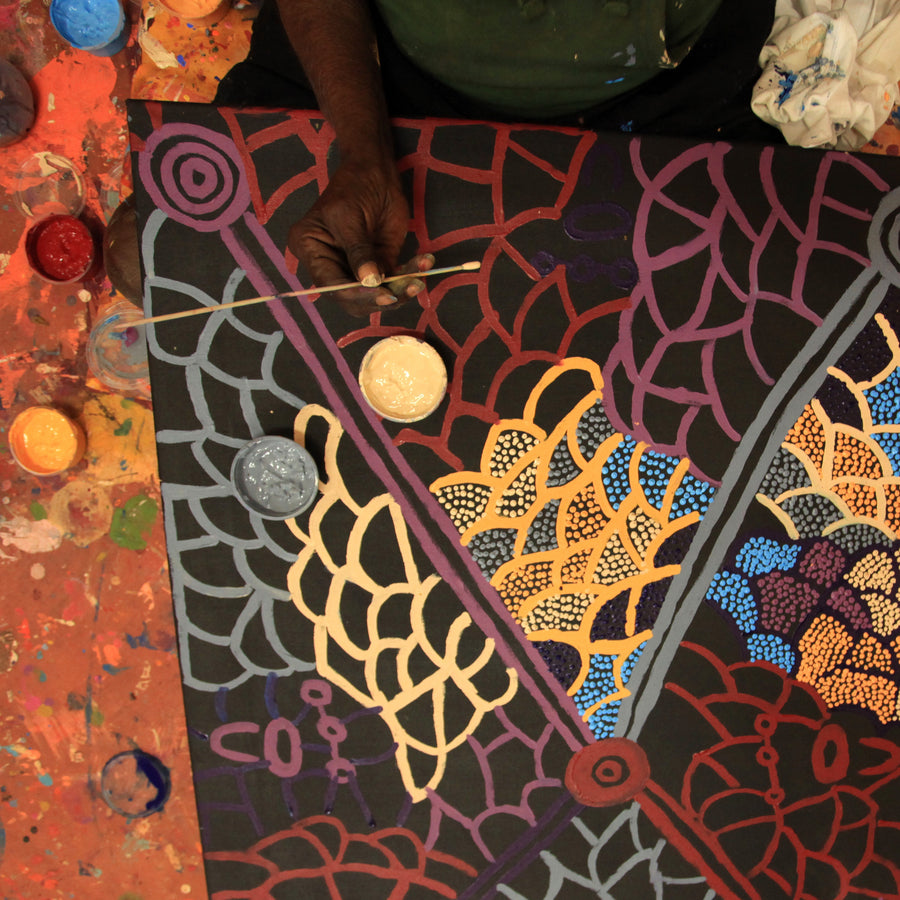 Aboriginal Artwork by Helen Nampijinpa Robertson, Ngapa Jukurrpa - Puyurru, 107x76cm
