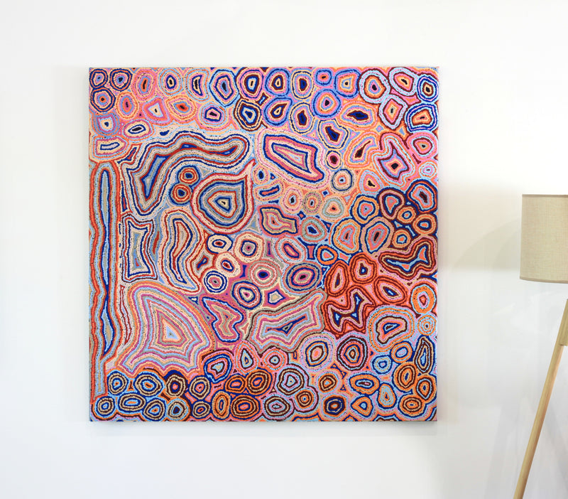 Aboriginal Artwork by Sarah Napaljarri Sims, Pikilyi Jukurrpa (Vaughan Springs Dreaming), 122x122cm