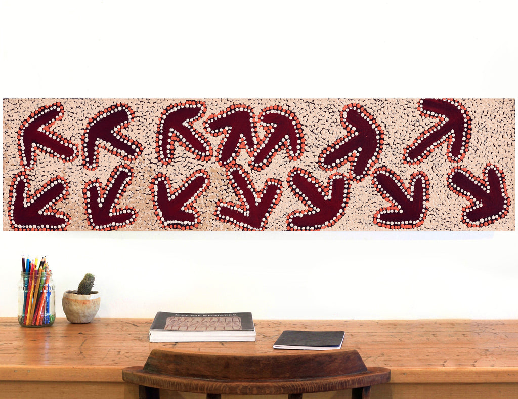 Aboriginal Artwork by Margaret Nangala Gallagher, Yankirri Jukurrpa (Emu Dreaming), 122x30cm