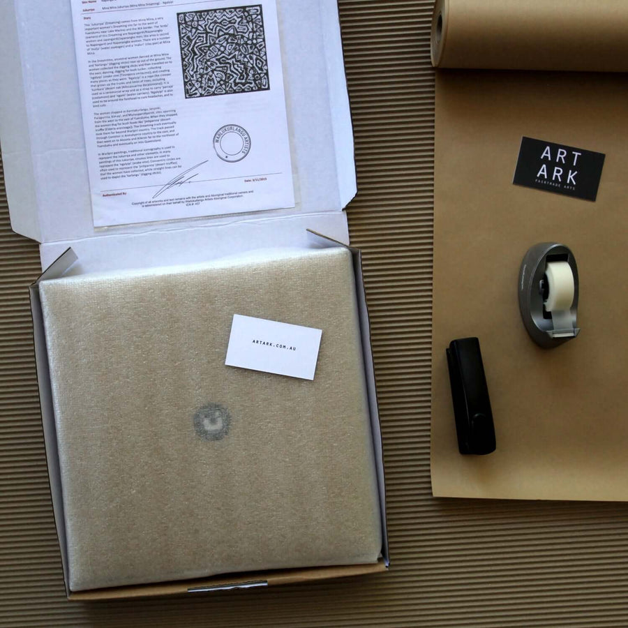 Aboriginal Artwork by Agnes Nampijinpa Brown, Ngapa Jukurrpa (Water Dreaming) - Puyurru, 30x30cm